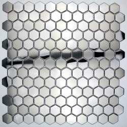 hexagonal metal mosaic mirror and brushed kitchen backsplash in-yuri