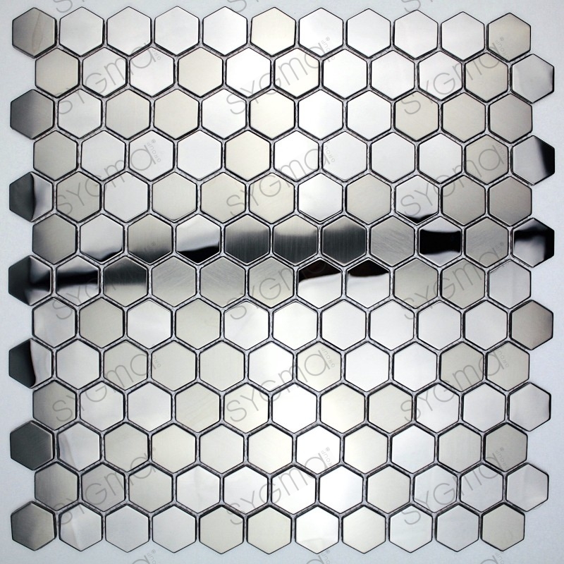 mosaique hexagonale en métal miroir et brossé mur et sol cuisine in-yuri