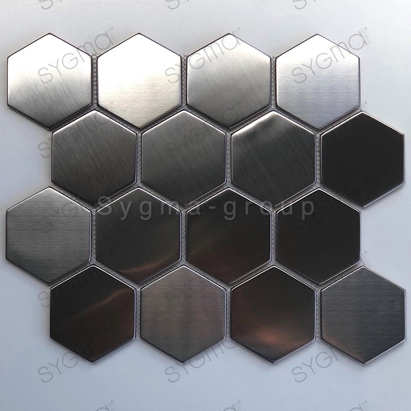 mosaique hexagonale en métal inox brossé mur et sol cuisine Kiel