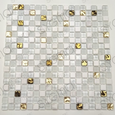 Azulejos blancos y mosaico dorado para baño y ducha Glow