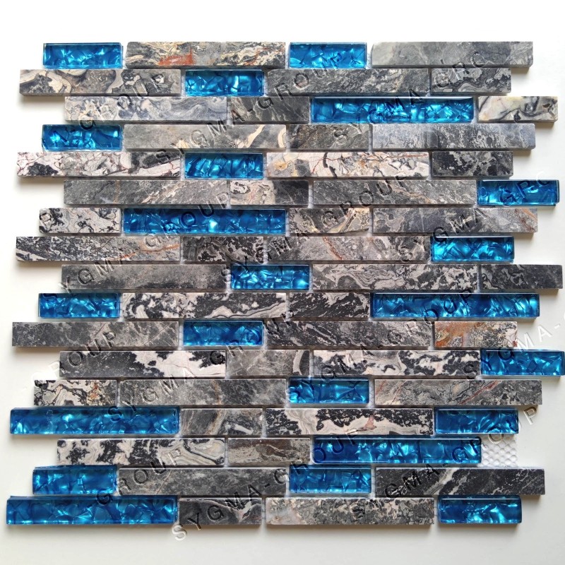 Gray marble tile and mosaic glass wall kitchen or bathroom model OLOF BLEU