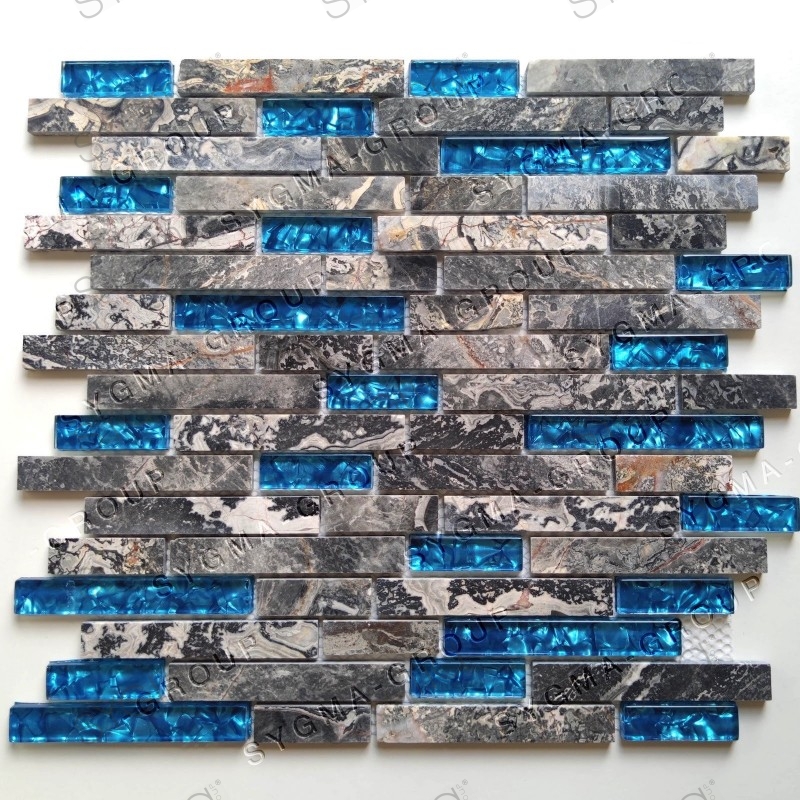 Telha de mármore cinza e parede de vidro mosaico cozinha ou banheiro modelo OLOF BLEU