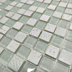 Close-up on the texture of a white mosaic tile for a kitchen backsplash, blending smooth glass and stone.