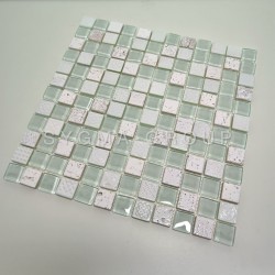 Placa de mosaico branco para banheiro em vidro e pedra, modelo Alliage Blanc.