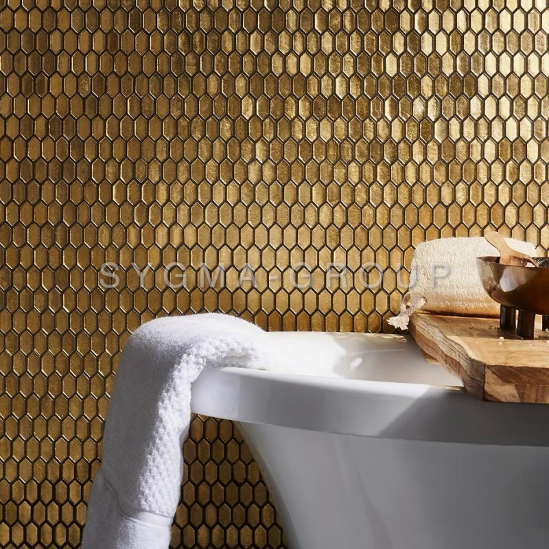 Zina Gold bathroom wall tiles in golden glass mosaic modern design