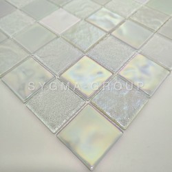 Diagonal view of an iridescent white kitchen tile mosaic sheet, perfect for a modern backsplash.