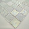 Diagonal view of an iridescent white kitchen tile mosaic sheet, perfect for a modern backsplash.
