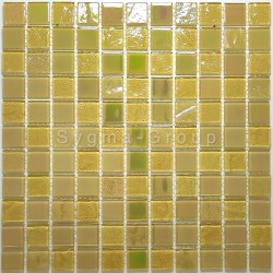 Sheet of Habay Yellow iridescent glass mosaic bathroom wall tiles, perfect for a luxury covering.